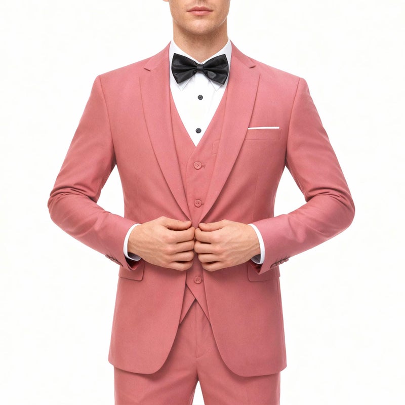 YFFUSHI Men's 3 Piece Suit Sets Slim Fit One Button Blazer with Vest & Pants, Professional Business Wedding Suits Pink - Image 1